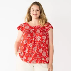 Plus Size Sonoma Goods For Life® Short Sleeve Yoke Front Top -Outlet Clothiza Store 5511621 Red Floral