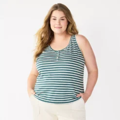 Plus Size Sonoma Goods For Life® Striped Henley Tank -Outlet Clothiza Store 5528667 Green Cream Stripe