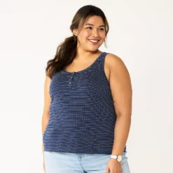 Plus Size Sonoma Goods For Life® Striped Henley Tank -Outlet Clothiza Store 5528667 Navy Blue Stripe