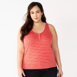Plus Size Sonoma Goods For Life® Striped Henley Tank -Outlet Clothiza Store 5528667 Red Coral Stripe