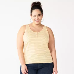 Plus Size Sonoma Goods For Life® Striped Henley Tank -Outlet Clothiza Store 5528667 Yellow Stripe