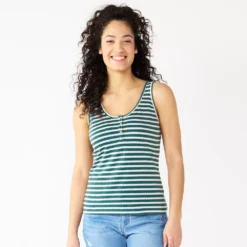 Women's Sonoma Goods For Life® Striped Henley Tank Top -Outlet Clothiza Store 5529186 Green Cream Stripe