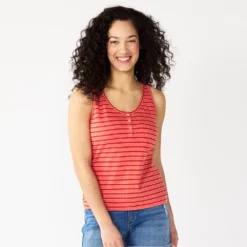 Women's Sonoma Goods For Life® Striped Henley Tank Top -Outlet Clothiza Store 5529186 Red Coral Stripe