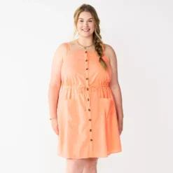 Plus Size Sonoma Goods For Life® Linen-Blend Tank Dress -Outlet Clothiza Store 5539053 Peach Embroidery