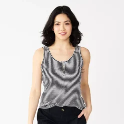 Women's Sonoma Goods For Life® Striped Henley Tank -Outlet Clothiza Store 5542172 Black White Strip E