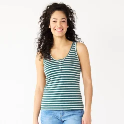 Women's Sonoma Goods For Life® Striped Henley Tank -Outlet Clothiza Store 5542172 Green Cream Stripe