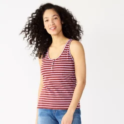 Women's Sonoma Goods For Life® Striped Henley Tank -Outlet Clothiza Store 5542172 Purple Brown Stripe