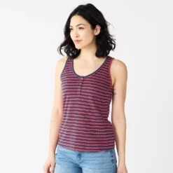 Women's Sonoma Goods For Life® Striped Henley Tank -Outlet Clothiza Store 5542172 Red Navy Stripe