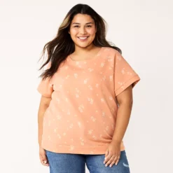 Plus Size Sonoma Goods For Life® Short-Sleeve Fleece Sweatshirt -Outlet Clothiza Store 5550378 Peach Floral