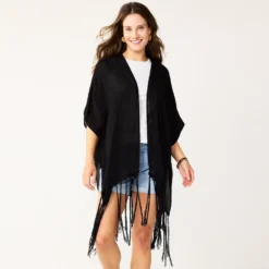 Women's Sonoma Goods For Life® Crochet Back Fringe Ruana -Outlet Clothiza Store 5552288 Black