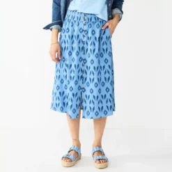 Women's Sonoma Goods For Life® Button Front Midi Skirt -Outlet Clothiza Store 5568135 Blue Ikat