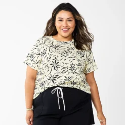 Petite Plus Size Sonoma Goods For Life® Crewneck Tee -Outlet Clothiza Store 5572597 Cream Black Floral