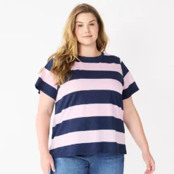 Petite Plus Size Sonoma Goods For Life® Crewneck Tee -Outlet Clothiza Store 5572597 Purp Navy Rugby Stripe