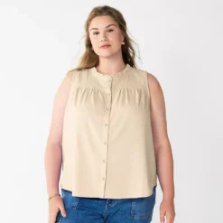 Plus Size Sonoma Goods For Life® Solid Ruffled Button-Front Tank -Outlet Clothiza Store 5575169 Paradise Sand