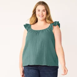 Plus Size Sonoma Goods For Life® Ruffle Tank Top -Outlet Clothiza Store 5578985 Deep Blue Green