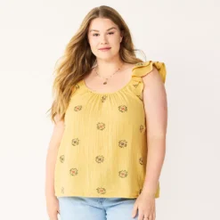 Plus Size Sonoma Goods For Life® Ruffle Tank Top -Outlet Clothiza Store 5578985 Yellow Flower