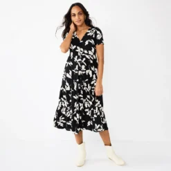 Women's Sonoma Goods For Life® Button Front Tiered Midi Dress -Outlet Clothiza Store 5579211 Black Tan Floral
