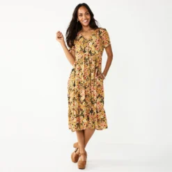 Women's Sonoma Goods For Life® Button Front Tiered Midi Dress -Outlet Clothiza Store 5579211 Olive Floral