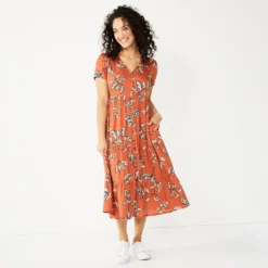 Women's Sonoma Goods For Life® Button Front Tiered Midi Dress -Outlet Clothiza Store 5579211 Rust Floral