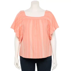 Plus Size Sonoma Goods For Life® Flutter Shoulder Top -Outlet Clothiza Store 5581181 Coral Cream Stripe