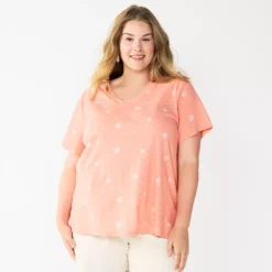Petite Plus Size Sonoma Goods For Life® Everyday V-Neck Tee -Outlet Clothiza Store 5581510 Coral Medium Floral