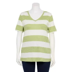 Petite Plus Size Sonoma Goods For Life® Everyday V-Neck Tee -Outlet Clothiza Store 5581510 Lime Rugby Stripe