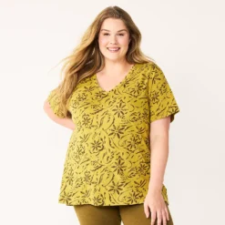 Petite Plus Size Sonoma Goods For Life® Everyday V-Neck Tee -Outlet Clothiza Store 5581510 Olive Ornate Floral