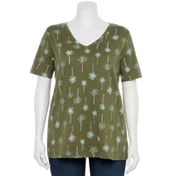 Petite Plus Size Sonoma Goods For Life® Everyday V-Neck Tee -Outlet Clothiza Store 5581510 Olive Teal Palm Trees