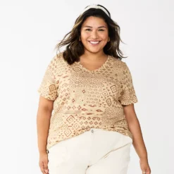 Petite Plus Size Sonoma Goods For Life® Everyday V-Neck Tee -Outlet Clothiza Store 5581510 Tan Geo Ikat