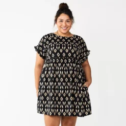 Plus Size Sonoma Goods For Life® Ruffled A-Line Mini Dress -Outlet Clothiza Store 5584068 Black Ikat