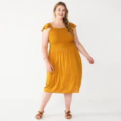 Plus Size Sonoma Goods For Life® Smocked Bodice Midi Dress -Outlet Clothiza Store 5584078 Gold