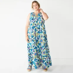 Plus Size Sonoma Goods For Life® Tiered Maxi Dress -Outlet Clothiza Store 5584786 Blue Floral