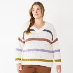 Plus Size Sonoma Goods For Life® Long Sleeve V-Neck Sweater -Outlet Clothiza Store 5585496 Beige Stripe