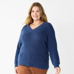 Plus Size Sonoma Goods For Life® Long Sleeve V-Neck Sweater -Outlet Clothiza Store 5585496 Blue