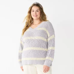 Plus Size Sonoma Goods For Life® Long Sleeve V-Neck Sweater -Outlet Clothiza Store 5585496 Gray Stripe
