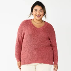Plus Size Sonoma Goods For Life® Long Sleeve V-Neck Sweater -Outlet Clothiza Store 5585496 Mauve