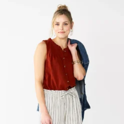 Women's Sonoma Goods For Life® Button-Front Ruffle Tank -Outlet Clothiza Store 5586080 Rust