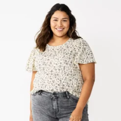 Plus Size Sonoma Goods For Life Seamed Flutter Sleeve Top -Outlet Clothiza Store 5588211 Cream Black Floral