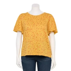 Plus Size Sonoma Goods For Life Seamed Flutter Sleeve Top -Outlet Clothiza Store 5588211 Gold Red Floral