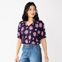 Women's Sonoma Goods For Life® Puff Sleeve Top -Outlet Clothiza Store 5588976 Purple Diamond Floral