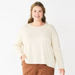 Plus Size Sonoma Goods For Life® Long Sleeve Pocket Tee -Outlet Clothiza Store 5590050 Cream