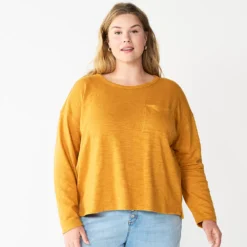 Plus Size Sonoma Goods For Life® Long Sleeve Pocket Tee -Outlet Clothiza Store 5590050 Gold