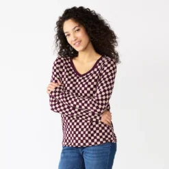 Women's Sonoma Goods For Life® Everyday V-Neck Long Sleeve Tee -Outlet Clothiza Store 5625801 Berry Checkerboard