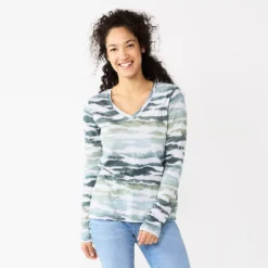 Women's Sonoma Goods For Life® Everyday V-Neck Long Sleeve Tee -Outlet Clothiza Store 5625801 Blue Animal Print