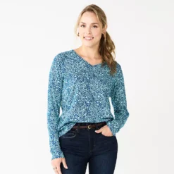 Women's Sonoma Goods For Life® Everyday V-Neck Long Sleeve Tee -Outlet Clothiza Store 5625801 Blue Floral