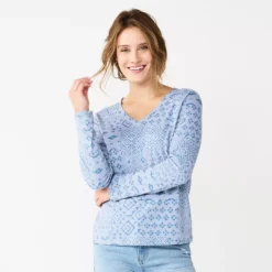 Women's Sonoma Goods For Life® Everyday V-Neck Long Sleeve Tee -Outlet Clothiza Store 5625801 Blue Patchwork