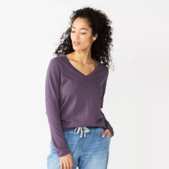Women's Sonoma Goods For Life® Everyday V-Neck Long Sleeve Tee -Outlet Clothiza Store 5625801 Dark Purple