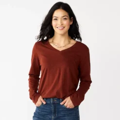 Women's Sonoma Goods For Life® Everyday V-Neck Long Sleeve Tee -Outlet Clothiza Store 5625801 Deep Wine