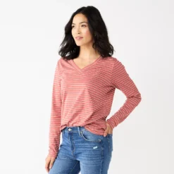Women's Sonoma Goods For Life® Everyday V-Neck Long Sleeve Tee -Outlet Clothiza Store 5625801 Mauve Stripe