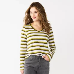 Women's Sonoma Goods For Life® Everyday V-Neck Long Sleeve Tee -Outlet Clothiza Store 5625801 Olive Stripe